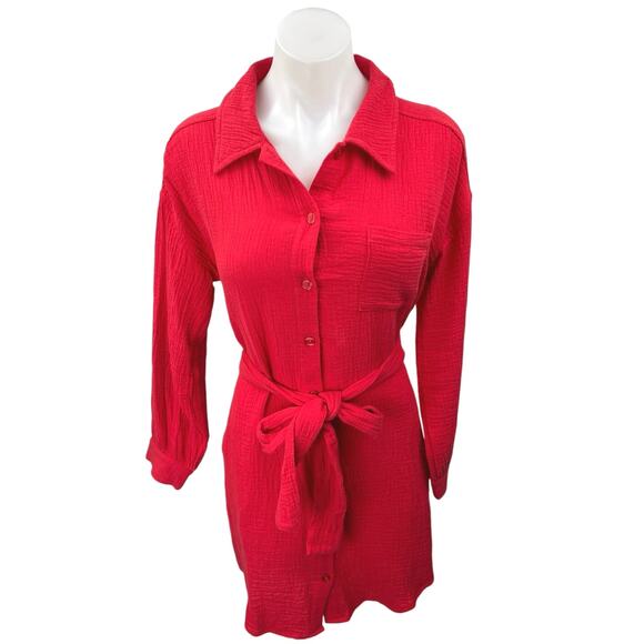 Saks Fifth Avenue Women's Red Long Sleeve Belted Button Down Mini Shirt Dress S - Picture 1 of 5